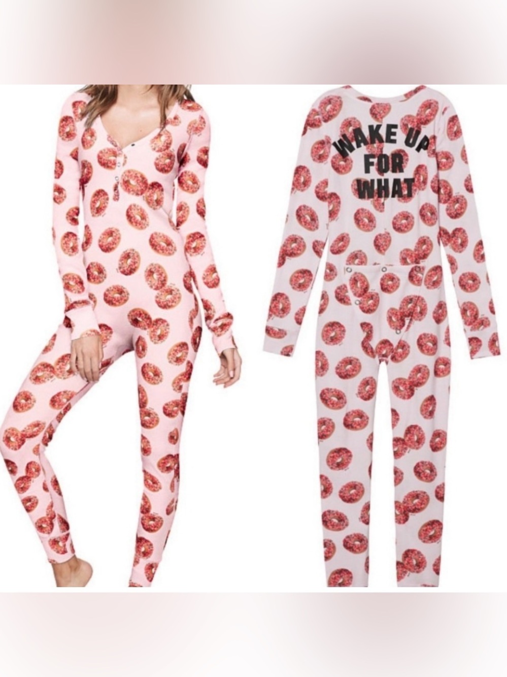 Victoria’s Secret PINK Donut Thermal Onesie One Piece Waffle Pajamas Sleepwear M